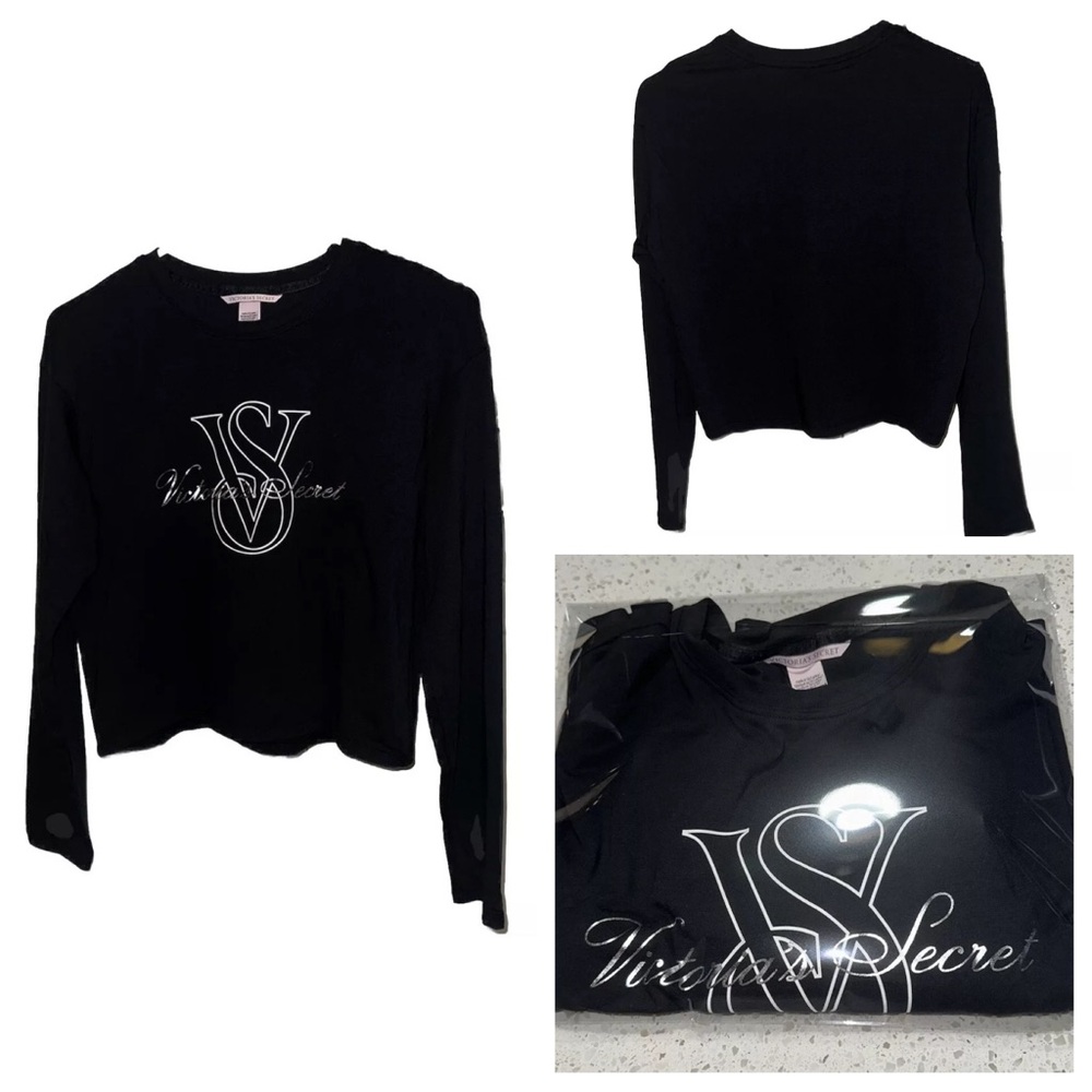 VS VICTORIAS SECRET LONG SLEEVE CROP TEE TOP PURE BLACK SILVER FOIL BLING LOGO M